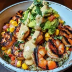 Grilled Shrimp Bowl with Avocado, Corn Salsa & Creamy Sauce
