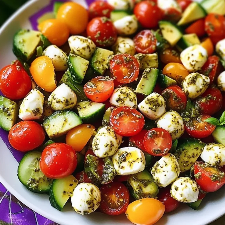 Tomato Cucumber Avocado Salad with Mozzarella and Basil Pesto