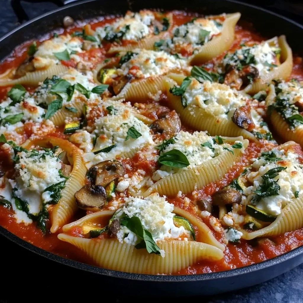Skillet Stuffed Shells with Zucchini and Mushrooms